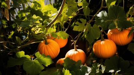 Abundant autumn harvest, pumpkins nestled among verdant leaves on vine