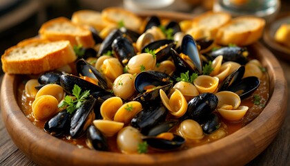 Mussels and Clams Seafood Stew with Pasta and Grilled Bread