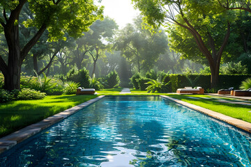 A beautiful lawn leading to a backyard pool surrounded by trees