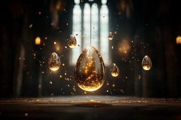 Fototapeta premium Floating golden eggs surrounded by glowing particles in an ancient, dimly lit hall