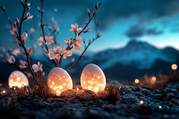 Glowing Easter eggs near blossoming branches at twilight in a serene mountain landscape