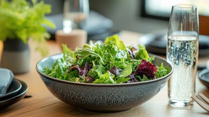 Fresh Garden Salad in Stylish Bowl on Wooden Table Setting