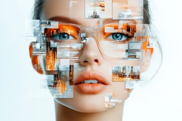 Portrait of a woman with creative digital overlay showcasing urban landscapes and architectural elements, blending art and technology