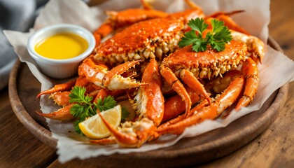 Delicious Cooked Crabs on Wooden Plate with Butter Sauce and Lemon