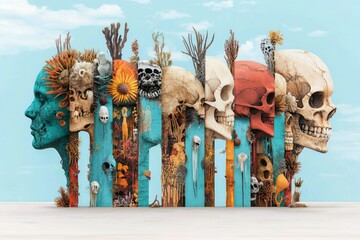 Colorful artwork featuring skulls and floral designs in a unique display of mortality and beauty