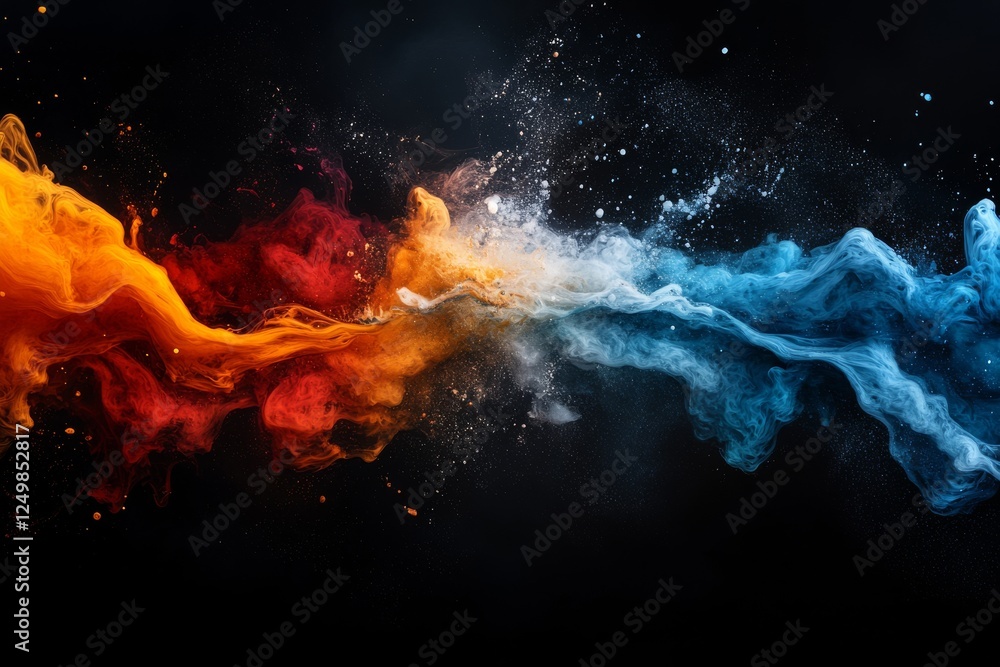Poster vibrant smoke waves swirl together in a dynamic display of color against a dark background