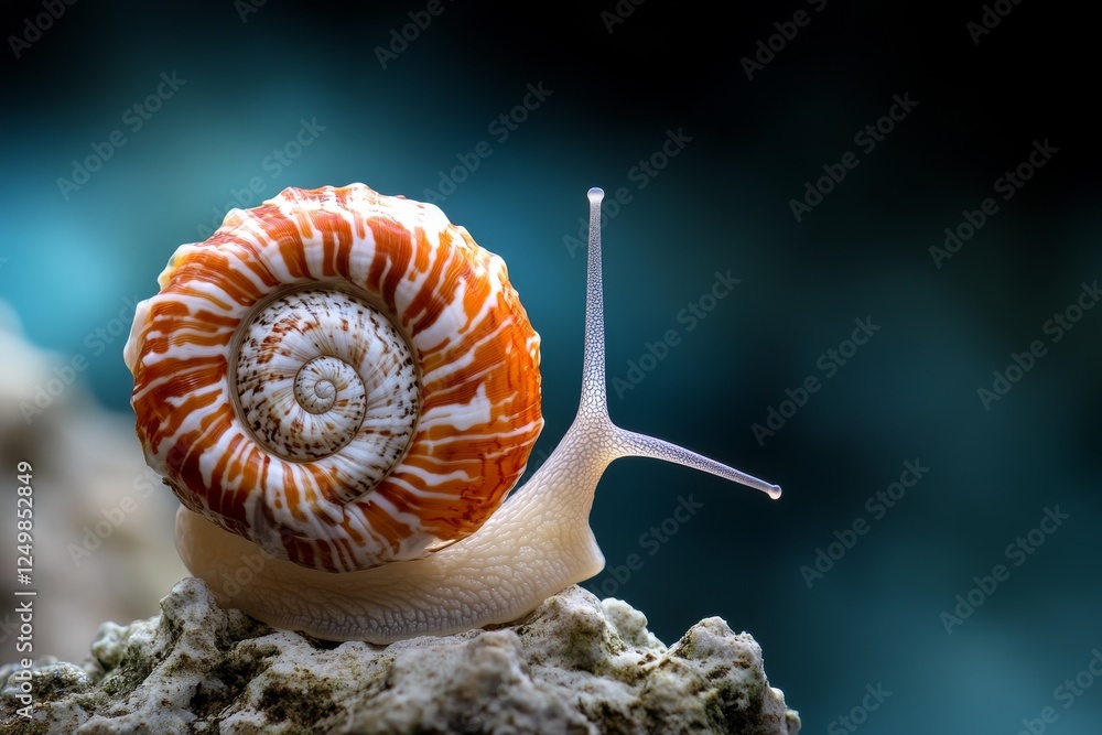 Poster snail gliding over a rock with a beautifully patterned shell in a tranquil aquatic setting