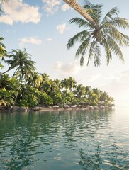 Obraz premium Palm trees swaying gently in the breeze beside a serene calm lake like tropical lagoon, lake, tropical