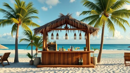 Palm trees withWooden bar set up on the beach with tropical cocktaiWooden bar set up on the beach with tropical cocktails, wooden bar, beach setting