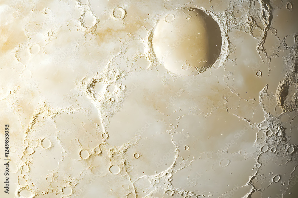 Poster detailed view of a textured celestial body surface with craters and atmospheric features