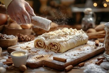 Fototapeta premium Child dusting cinnamon rolls, kitchen, autumn