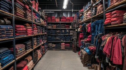 Obraz premium Warehouse of textiles and fabrics stacked on shelves in an industrial setting
