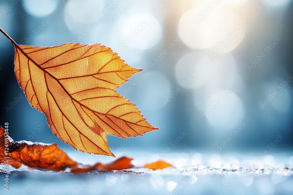 Poster autumn leaf resting on a blurred background with soft sunlight illuminating its intricate details