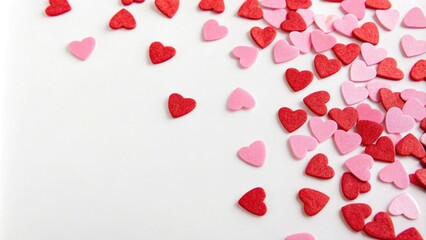 Pink and red hearts scattered on a white background, valentine's day, festive decorations
