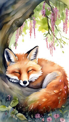 Obraz premium Red Fox Sleeping Under Willing Tree Pink Flowers Watercolor Storybook Cottagecore 