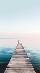 Obraz premium The wooden dock stretches out into the still, clear waters, reflecting the soft colors of dawn, creating a peaceful atmosphere perfect for relaxation - Generative AI