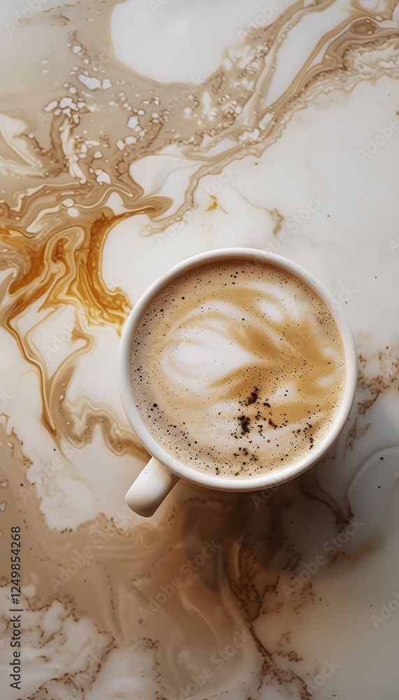 Poster close-up of a coffee cup with frothy patterns on a marbled surface creating a cozy atmosphere