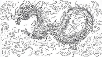 Artistic hand-drawn dragon with detailed scales and coiled body, floating among wind and cloud motifs, perfect for tattoo or coloring book