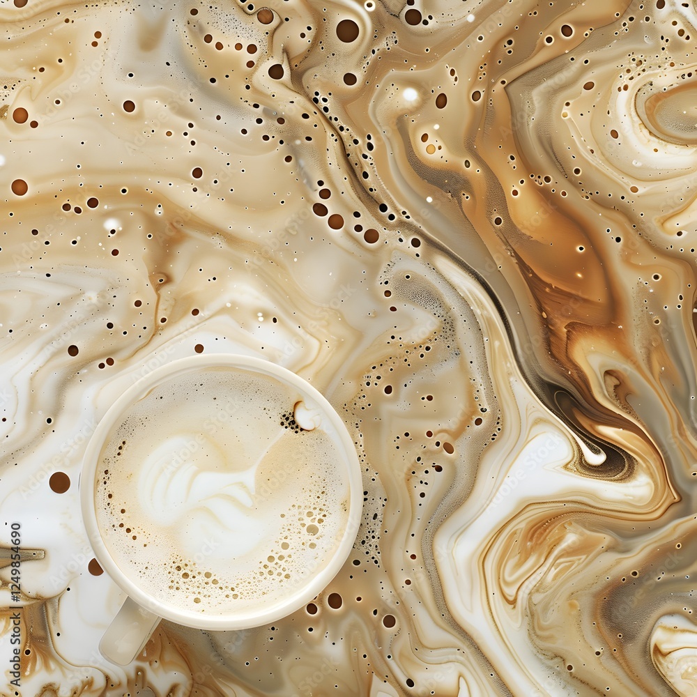Poster coffee cup surrounded by swirling patterns of brown and cream creating an artistic background