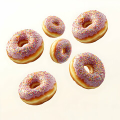 Pink donuts floating, sprinkles, white background, food photography, dessert