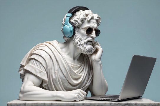 Confident greek businessman marble statue sculpture thinking and working with laptop and wearing sunglass illustration, with pastel color background, people and lifestyle theme concept.