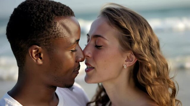 Smiling mixed race young couple posing kissing outside and looking at the camera	
