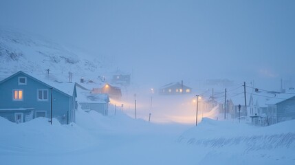 Mountain-side winter town closed due to avalanche risk, glowing windows of houses peeking through thick layers of snow, under a pale blue sky