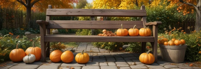 Rustic wooden bench and pumpkins in an autumn garden, harvest time, autumnal, woodsy