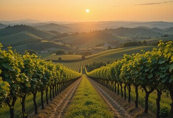 Vineyard Rows at Sunset Over Rolling Hills