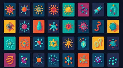 Fototapeta premium Playful flat icons of various germs and viruses in vivid colors, showing distinct cell structures, perfect for educational purposes