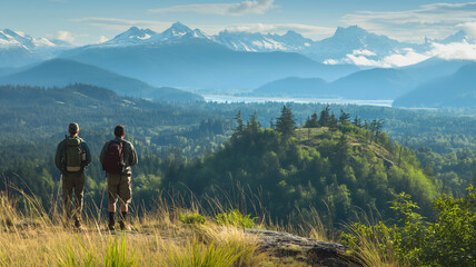 Obraz premium Two hikers stand on a ridge, enjoying a spectacular view of the mountains and lake in the morning light, surrounded by lush greenery - Generative AI