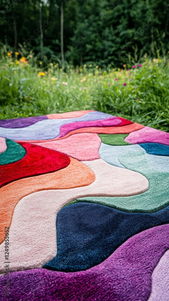 Aufkleber Close-up view of a beautifully crafted wool rug displaying an array of colors and shapes, blending harmoniously with the lush greenery and wildflowers in the background