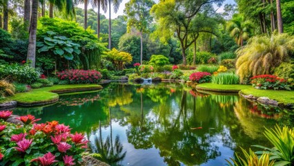 serene garden pond surrounded by lush greenery with exotic flowers and tall trees standing guard in the background, greenery, landscape