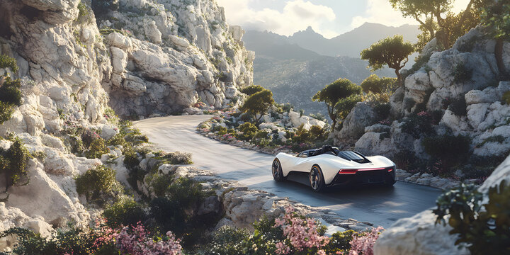Sleek white sports car navigating winding mountain road