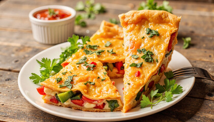 Colorful veggie pie slices on rustic wooden table, culinary delight