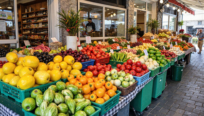 Vibrant farmers market display filled with fresh produce, community life