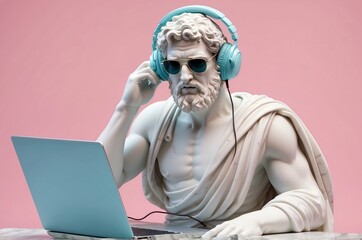 Fototapeta premium Confident greek businessman marble statue sculpture thinking and working with laptop and wearing sunglass illustration, with pastel color background, people and lifestyle theme concept.