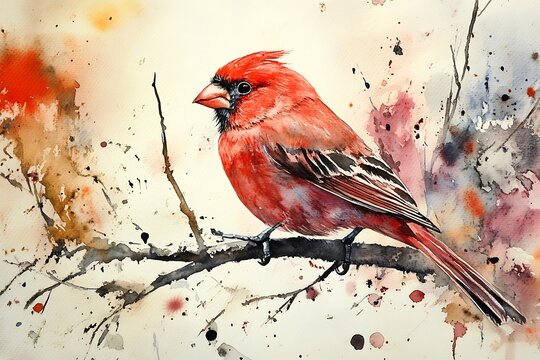 red finch on branch, watercolor of bird in nature on brushstrokes background, artistic illustration, wildlife concept wallpaper, design for wall art, home decor, print, card, animal day