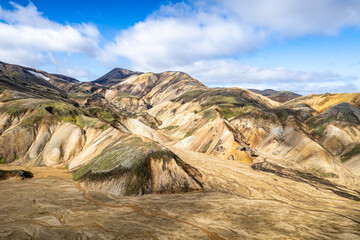Vivid aerial view of colorful volcanic Landmannalaugar mountains and eroded terrain under clear sky, showcasing natural beauty and geological wonders. Perfect depiction for landscapes and travel