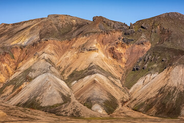 Vivid aerial view of colorful volcanic Landmannalaugar mountains and eroded terrain under clear sky, showcasing natural beauty and geological wonders. Perfect depiction for landscapes and travel