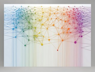 Abstract futuristic digital network with interconnected nodes and lines over a multicolor gradient background, representing technology, data science, AI, machine learning, and innovation.

