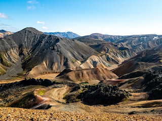 Stunning, rugged, and colorful mountainous Landmannalaugar terrain in Iceland showcasing geological...