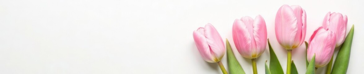 Fototapeta premium Soft pink tulips in a loose bouquet on a crisp white background, petals, delicate, arrangement