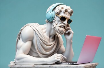 Confident greek businessman marble statue sculpture thinking and working with laptop and wearing sunglass illustration, with pastel color background, people and lifestyle theme concept.