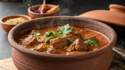 Spicy lamb curry in a rich and aromatic sauce served in a traditional Indian style clay pot, tender lamb, savory aroma, comforting food