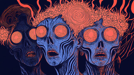 Psychedelic halloween rock band channeling cosmic occult aesthetic with swirling hallucinogenic. Alien Rituals & Ceremonies. Illustration