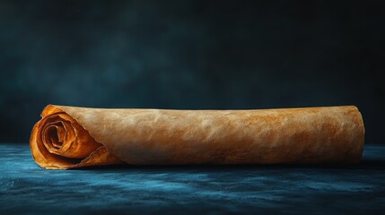 Rolled parchment scroll on dark surface with smoky background