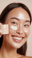 Smiling woman applying facial skincare product
