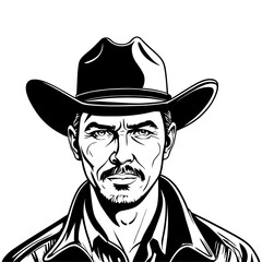 Vector silhouette of a cowboy portrait, isolated in white. Ideal for western-themed designs, logos, and digital artwork.
