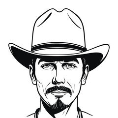 Vector silhouette of a cowboy portrait, isolated in white. Ideal for western-themed designs, logos, and digital artwork.
